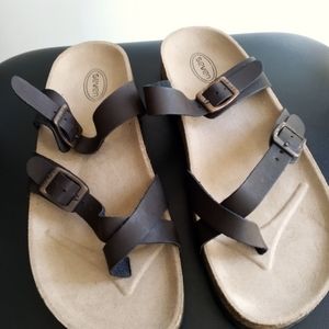SEVEN Double Strap w/Toe Strap Size 71/2-8? Brown/Tan Slip On Buckle Straps